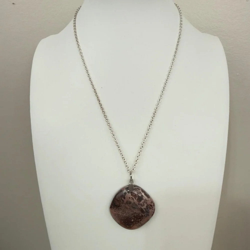 Natural Stone Boho Necklace Mauve Earthy Pendant Silver Tone Organic Design
